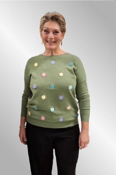 Grøn strikbluse med prikker, C81300