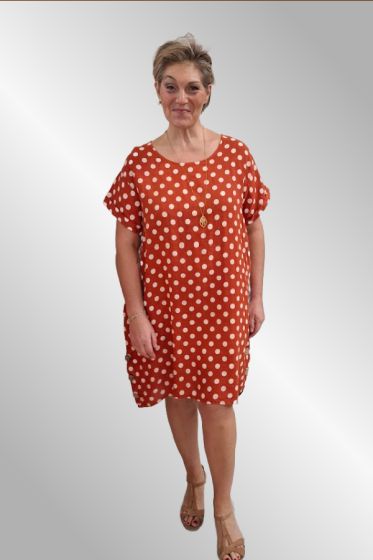 Brændt orange prikket hørkjole, new Petrine