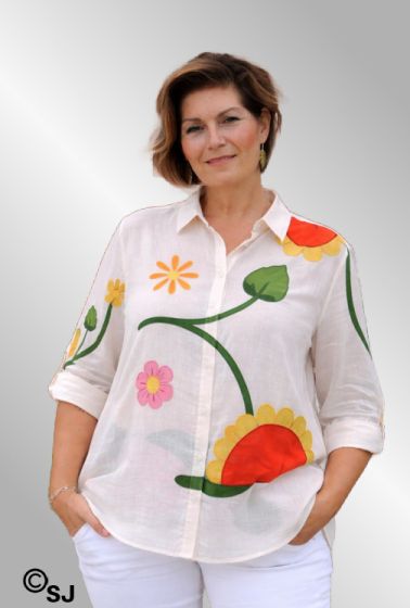 Råhvid skjorte med blomst, 25008-2