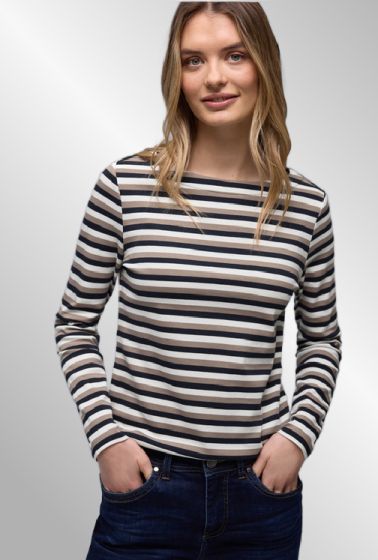 Blå beige stribet T-Shirt, bomuld, Street One 324622