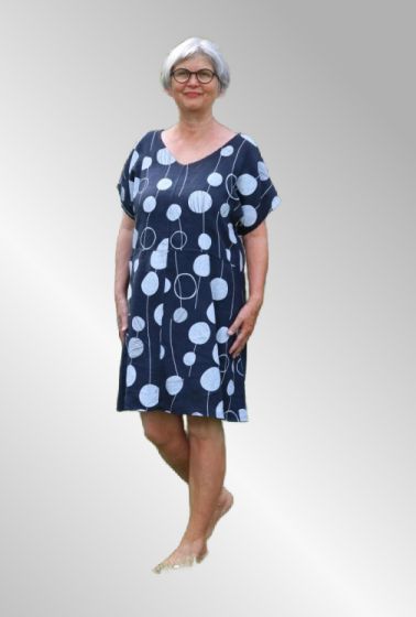 Navy blå hør kjole med bomber, Esther.