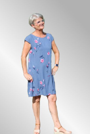 Jeans blue hør kjole med roser, Birgit Rose