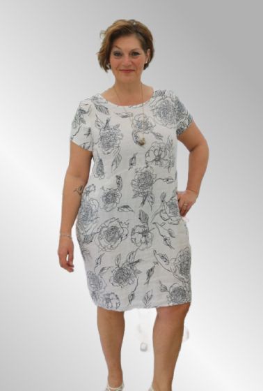 Hvid hør kjole med blå print, Mia Margot, 3353