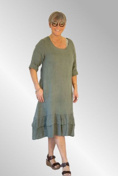 Khaki hørkjole med flæse nederst, Stella