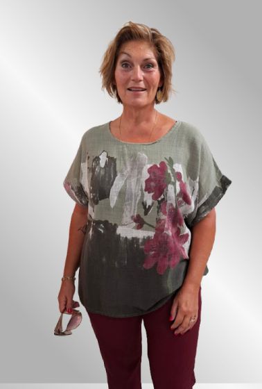 Khaki grøn bomulds bluse med print, Alice