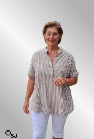 Beige hvid stribet bomulds skjorte, Ida 260202