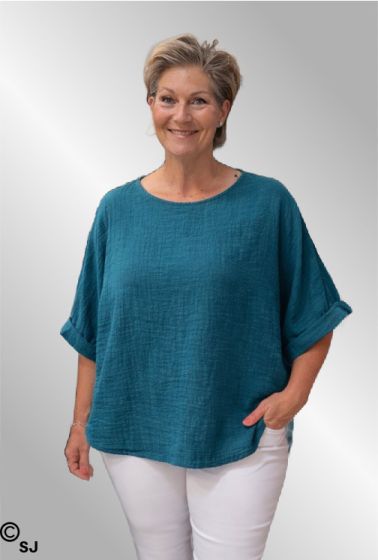 Petrol bomuld/hør bluse, Birthe