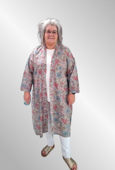 Blå / grå bomulds kimono med print, bomuld