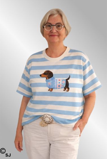 Lyseblå Stribet T-Shirt med gravhund, 26152