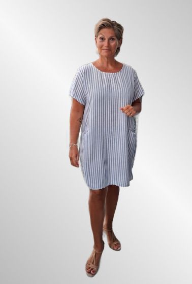 Blå stribet viskose/hør kjole, Rayas