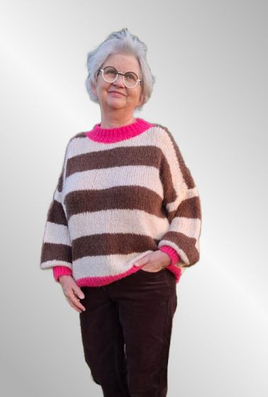 Brun stribet strik med pink kontrast, 12032-3