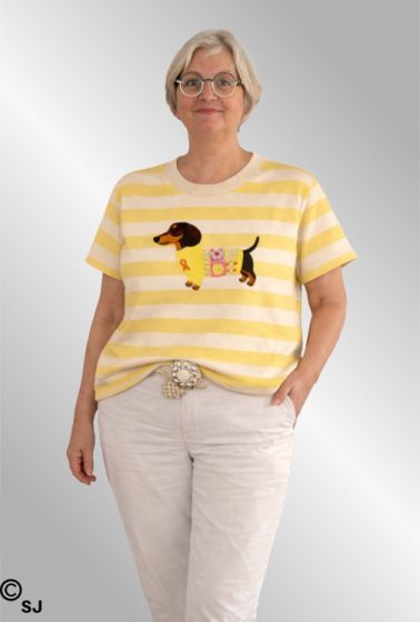 Gul Stribet T-Shirt med gravhund, 26152