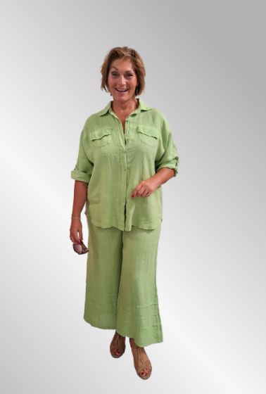 Grøn hør sæt, bukser og skjorte