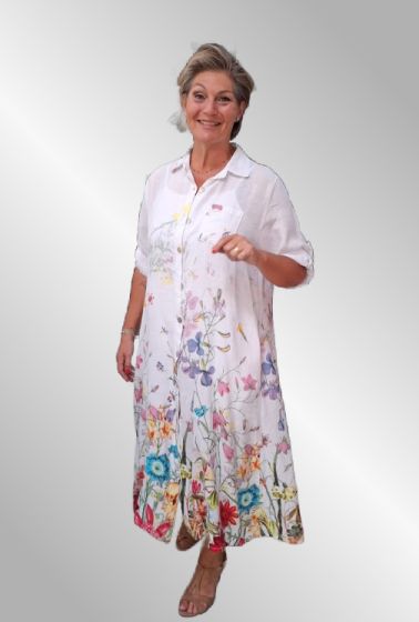 Hvid hørkjole med blomsterprint, Bello Flower