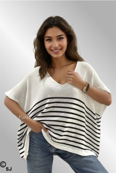 Hvid oversize strik bluse/vest med striber, 26955