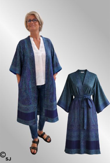Grøn/lilla lang silke kimono med bælte, Liva