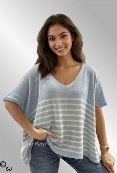 Lyseblå oversize strik bluse/vest med striber, 26955