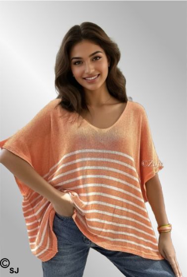 Orange oversize strik bluse/vest med striber, 26955