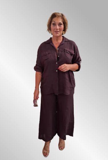 Aubergine hør sæt, bukser og skjorte