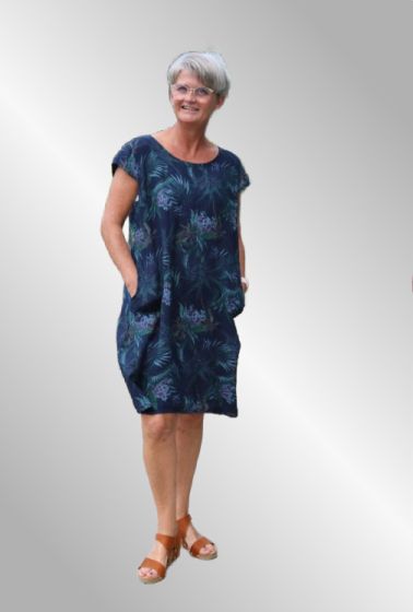 Mørkeblå hør kjole med print, Birgitte Palme