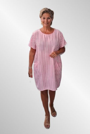 Pink stribet viskose/hør kjole, Rayas