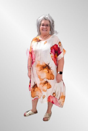 Hvid kjole med rød/orange blomster, 090017-7-2