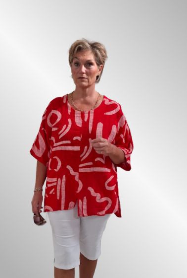 Rød bomulds bluse med grafisk print, Italien 90007