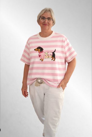 Rosa Stribet T-Shirt med gravhund, 26152