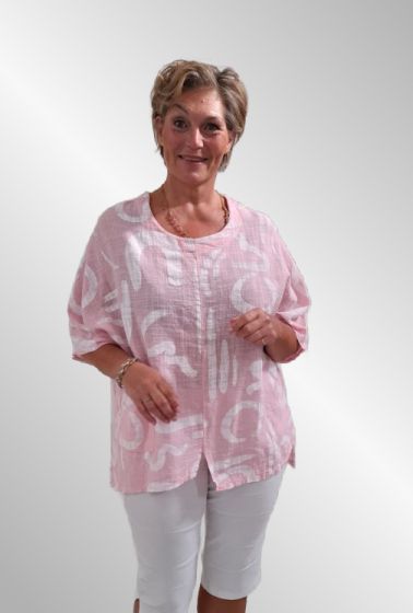 Rosa bomulds bluse med grafisk print, Italien 90007