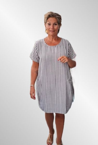 Sandfarvet / beige stribet viskose/hør kjole, Rayas