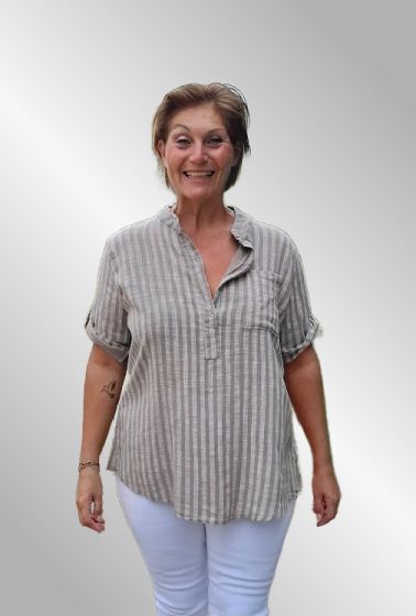 Sandfarvet lodret stribet bomulds skjorte, SP25 Lisa