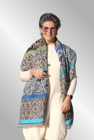 Brun animal tørklæde med kontrast striber grøn og turkis. 35067