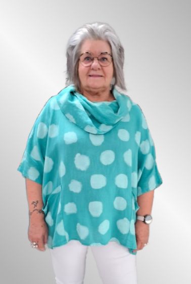 Turkis grøn dot poncho hør bluse med krave, Ronja