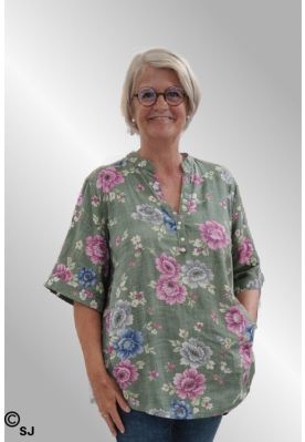 Grøn blomstret bomulds skjorte 12038