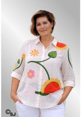 Råhvid skjorte med blomst, 25008-2