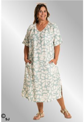 Dusty green kjole med råhvid print, G253078
