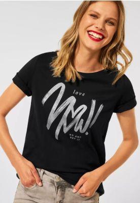 Sort T-Shirt med sølv print, Street one 318363