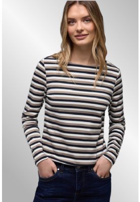 Blå beige stribet T-Shirt, bomuld, Street One 324622