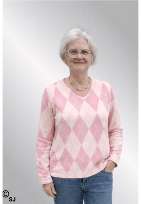 Råhvid viskose bluse med rosa harlekintern, 90577