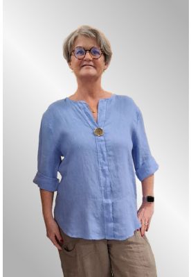 Blå hørbluse med knap, Benitta 20011