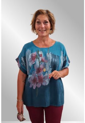 Petrol bomulds bluse med print, Alice