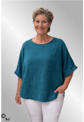 Petrol bomuld/hør bluse, Birthe