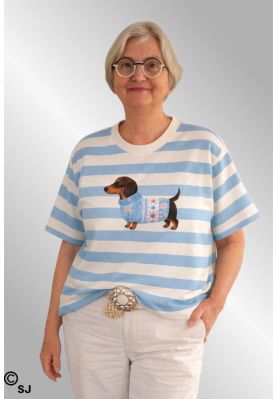 Lysebl&aring; Stribet T-Shirt med gravhund, 26152