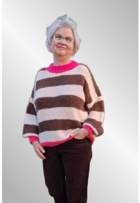 Brun stribet strik med pink kontrast, 12032-3