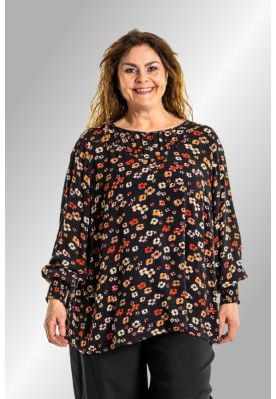 Sort bluse med blomsterprint, Natacha 226008