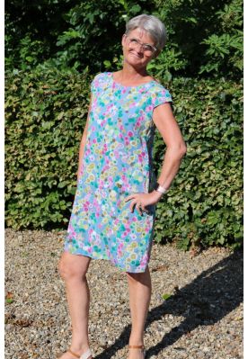 Blå hør kjole med print, Birgit Bomb 1258