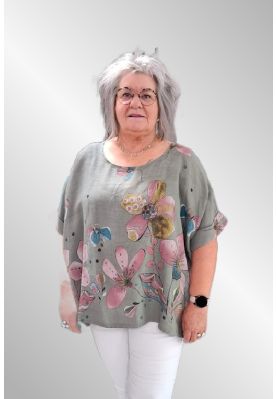 Khaki grøn hør bluse med print, Iris