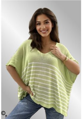 Lime oversize strik bluse/vest med striber, 26955