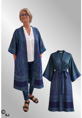 Grøn/lilla lang silke kimono med bælte, Liva