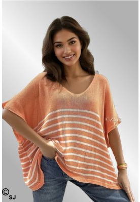 Orange oversize strik bluse/vest med striber, 26955
